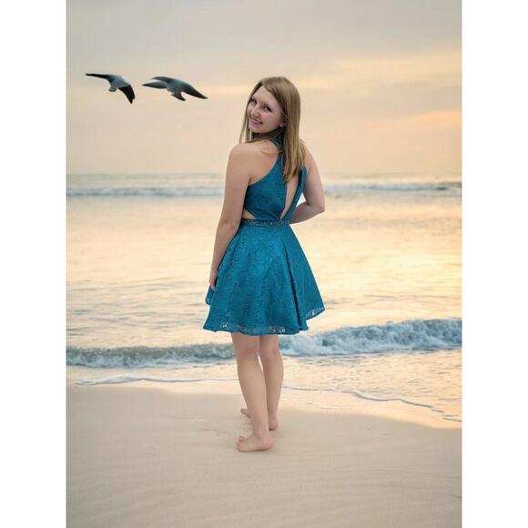 NWT Women's Fun Cutout Short Cocktail Dress in Teal - Picture 2 of 11